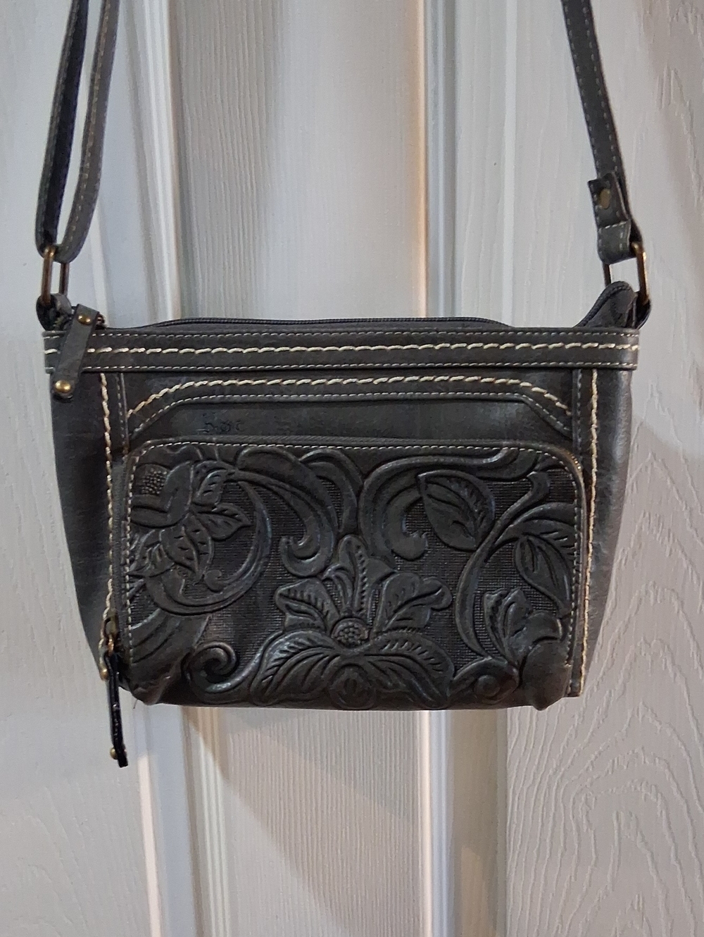 b.o.c. Charcoal Gray Embossed Floral Crossbody with Contrast Stitching